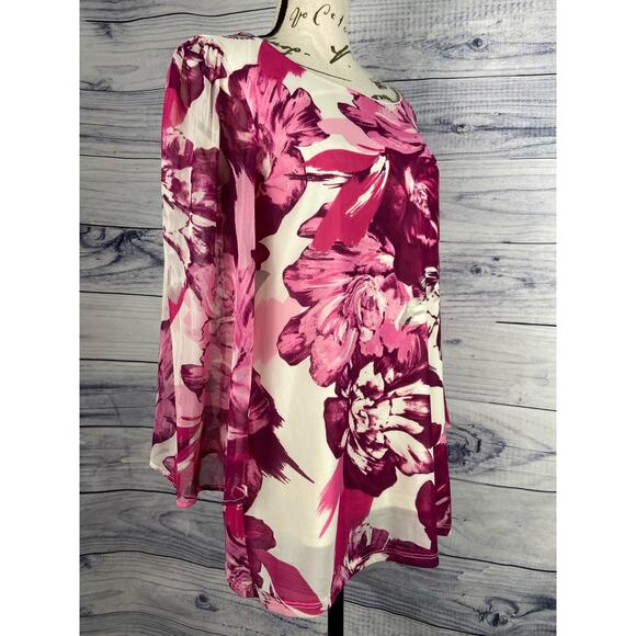 JM Collection Floral Bell Sleeve Mesh Blouse Womens S Scoop Neck Pink Relax Fit - Picture 1 of 13